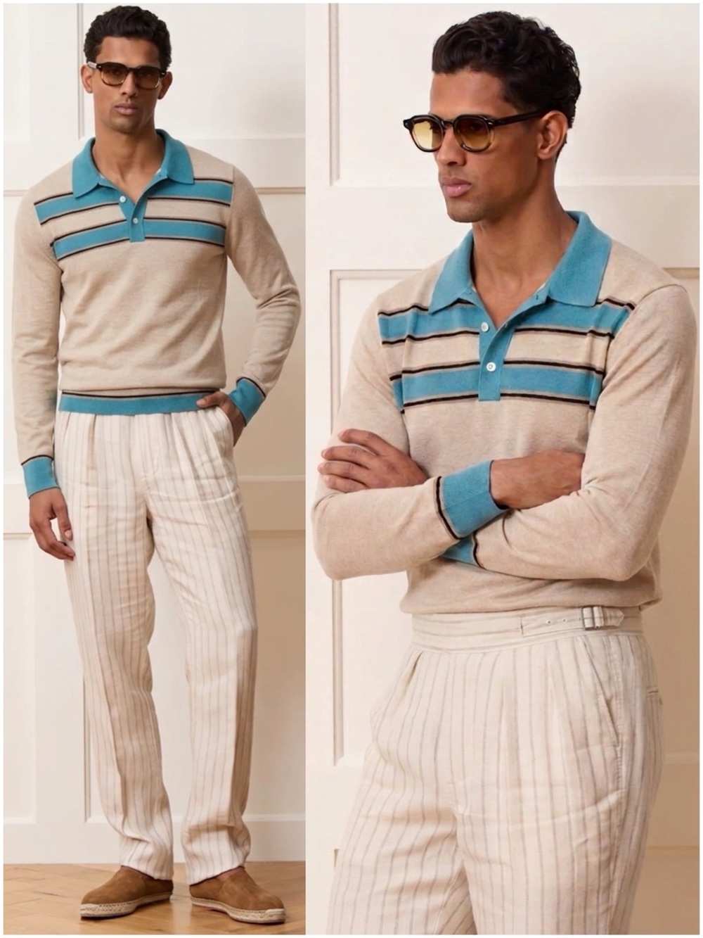 Todd Snyder $249 Long Sleeve Tan/Blue Stripe Merino Wool Polo Sweater Size Small